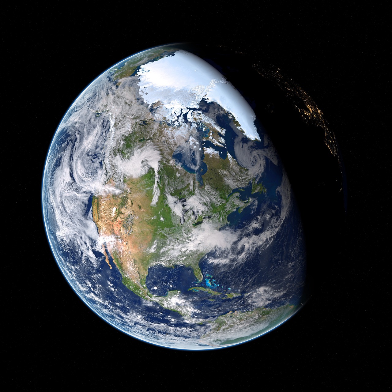 La Terre vue de l'espace sur fond noir, l'Amerique du Nord et la calotte glaciaire arctique eclairees, de larges tourbillons nuageux blancs, et sur le bord droit la ligne d'ombre ou apparaissent des lumieres de villes